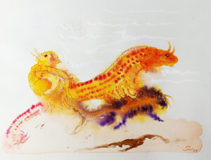 Oiseau et son Ancêtre. Aquarelle, encre. 2025