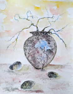 Vase et galets. Aquarelle, encre. 2025
