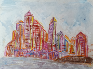 2025 Ville d'eau, pastel & encre