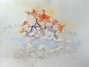 Automne sous la neige. Aquarelle, pastel fondu, encre. 2025